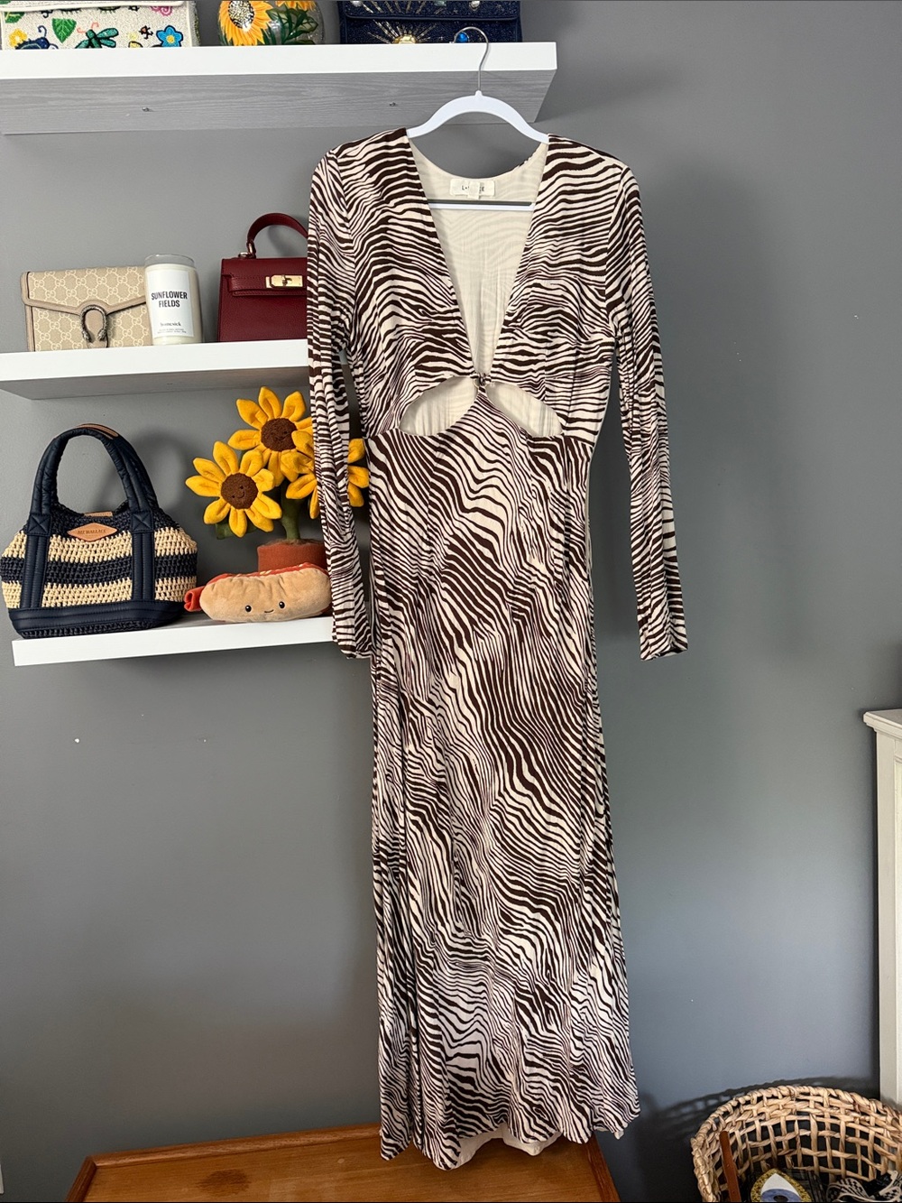 l*space Brown & Cream Zebra-Print Long Sleeve Cutout Maxi Dress